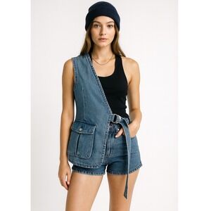 ZARA Denim Asymmetrical Vest Belted Pocket Utility XS S Streetwear Cowgirl 98-02